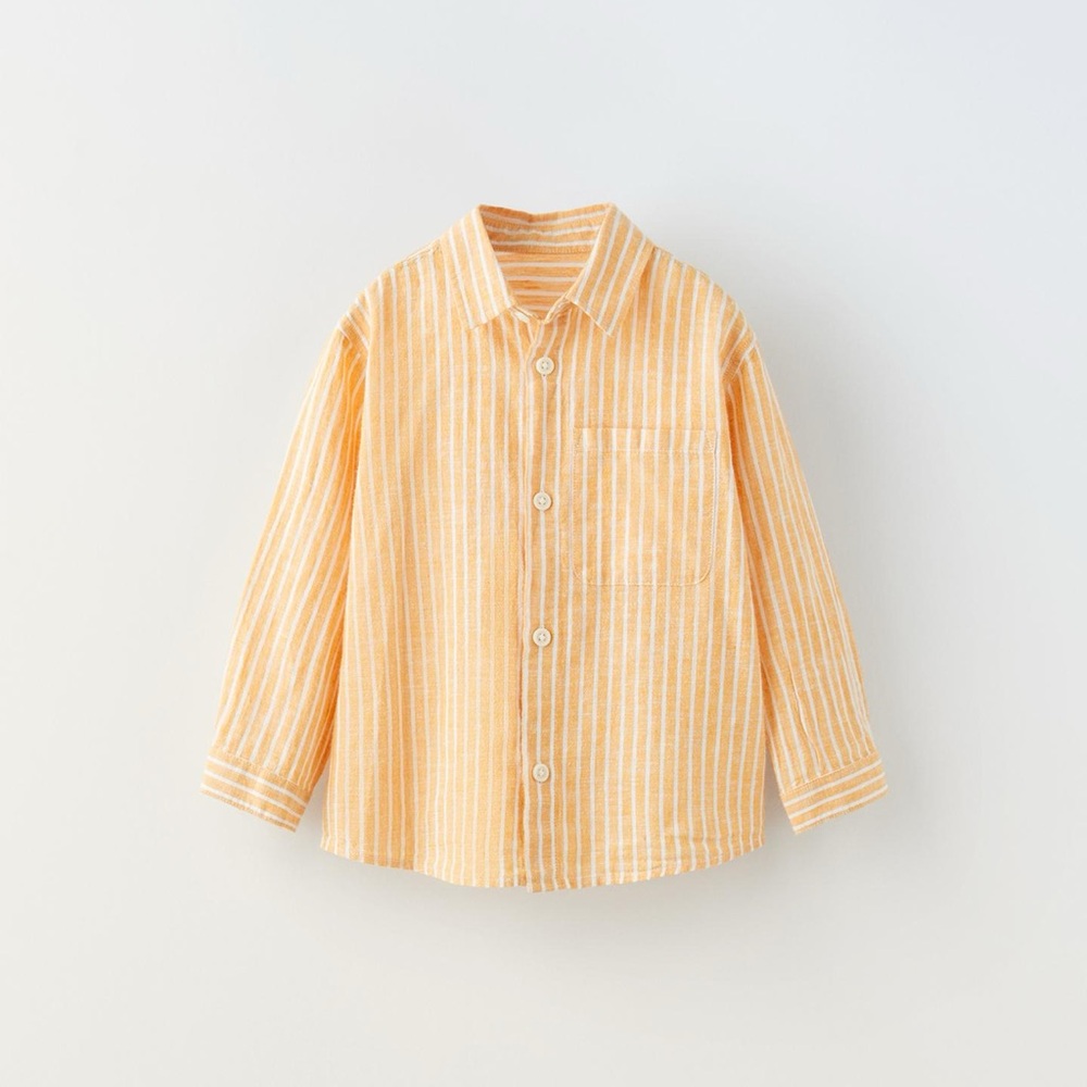 Zara Kids - STRIPED LINEN BLEND SHIRT -Orange Striped Button Down Shirt